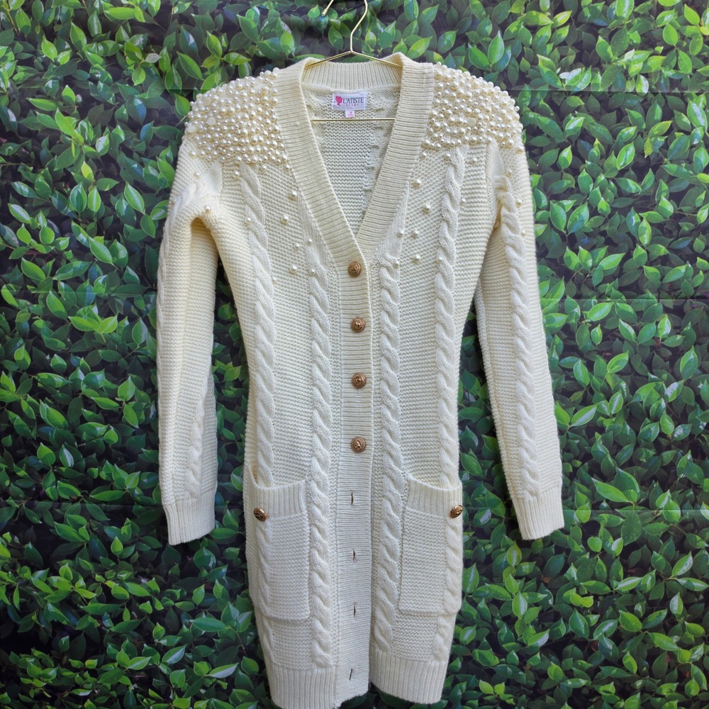 L'atiste by Amy Womens Pearl Embellished Cable Knit Cardigan Dress Ivory Small